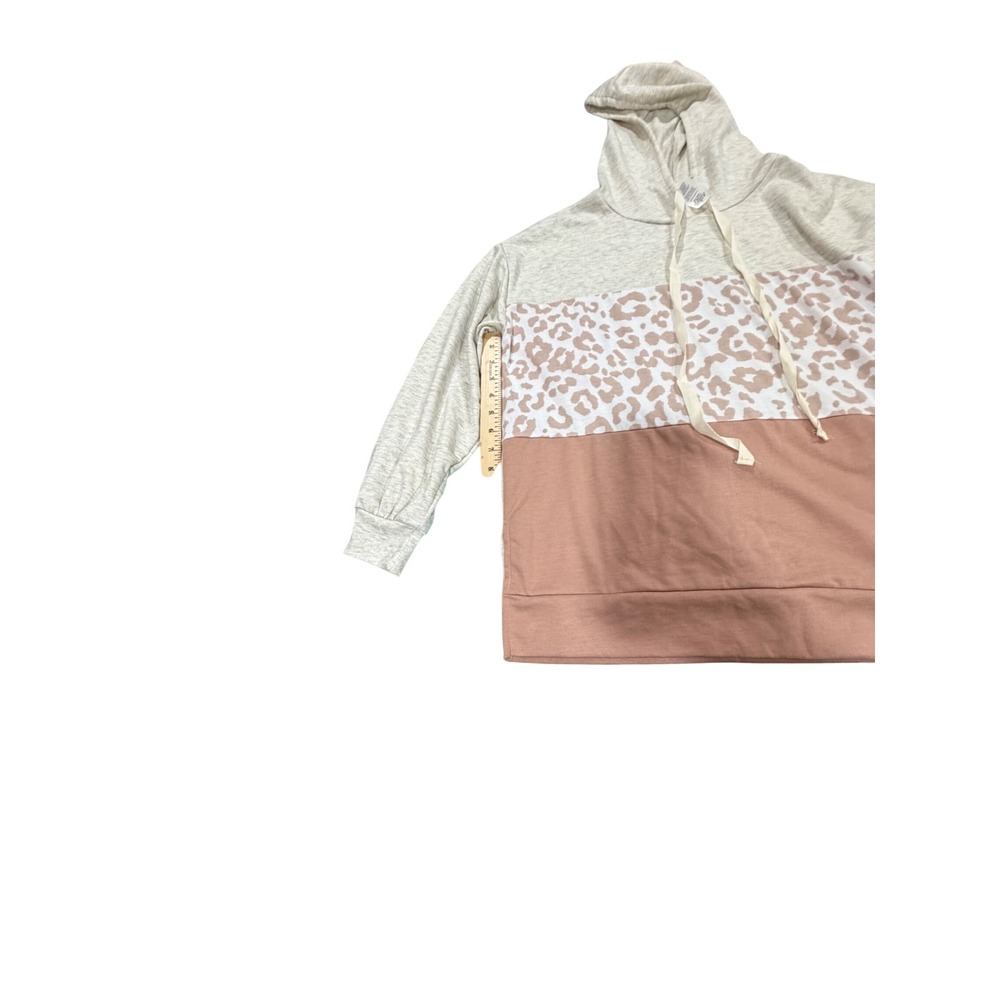 Bibi Colorblock Leopard Print Hoodie‎ Gray Pink Beige Long Sleeve Drawstring - Picture 2 of 6